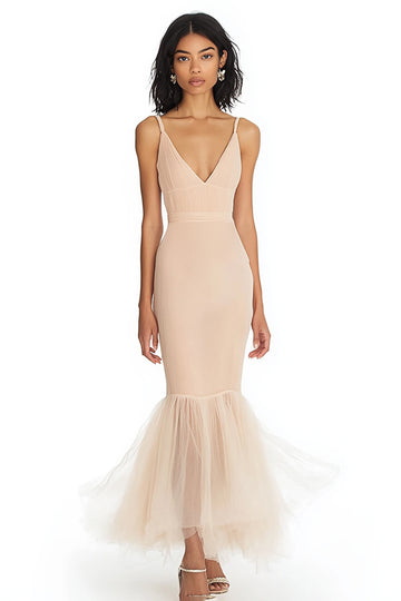 Mermaid Champagne V Neck Long Formal Dress
